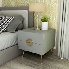 Wooden Bedside Table , Bedside Table with golden handles & legs,  wooden Bedside Table in grey & golden with drawers,Floor standing, Bedside Table- EL802
