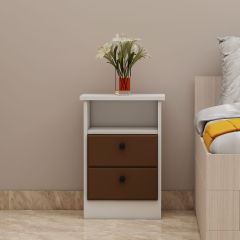 Bedside Table, White & Brown Color Bedside Table, Side Table with Drawer & Open Space, Bedside Table - IM12187