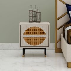 Bedside Table, Off-White Wood Color Bedside Table, Side Table with Drawer, MS Leg in Black Finish with Golden Cap, Side Table with Cane, Bedside Table - IM12189