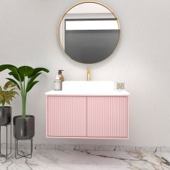 Vanity, Pink & White Color Vanity, Water Resistant Vanity, Vanity with White Corian Top, Vanity with Drawer, Wall Mounted Vanity, Vanity -IM142