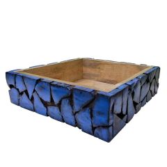 Wooden Blocks mosaic pattern Tray cum table organizer or fruit basket distressed antique looks serving tray viintage blue color, Tray - IM15300