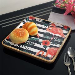 Serving Platter, AVA-BBH-03(A Vintage Affair), Tropical Flamingo Wooden Serving Platter - Square, Serving Platter - IM16088