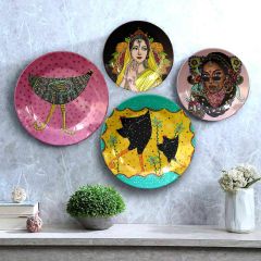 HMD Collections Traditional Art Decorative Ceramic Designer Plates with Stand for Home/Office (8 Inch & 6 Inch, Pack Of 4, Wall Art - IM2121