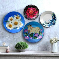 HMD Collections Traditional Art Decorative Ceramic Designer Plates with Stand for Home/Office (8 Inch & 6 Inch, Pack Of 4, Wall Art - IM2124