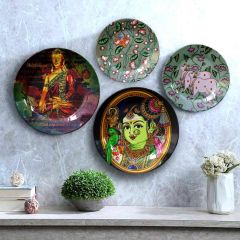 HMD Collections Traditional Art Decorative Ceramic Designer Plates with Stand for Home/Office (8 Inch & 6 Inch, Pack Of 4, Wall Art - IM2125