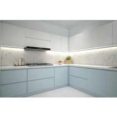 Kitchen, modular kitchen, acrylic finish modular kitchen, Luxurious kitchen, L shape kitchen, hi gloss finish kitchen, blue and white kitchen, Kitchen-IM- 8003