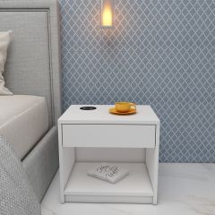 Bedside Table, Bedside Table with Wireless charger of Samsung, I Phone & Compatible Devices, Bedside Table in White  Color, Side Table with Drawer, Bedside Table -  VT12227