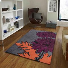 Rugs, (Presto), ICKC266C2X5 Grey, Purple and Orange Floral Polyester Carpet, Rugs- VT-15967