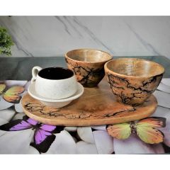 W0015, Oval Serving Serving Tray with special wooden burning effects along with 2 Bowls by Disoo Fashions, Tray with Bowl - VT2202