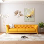 3 Seater Rectangular sofa with suede upholstery quilted back & hand rest ,Sofa in orange suede with wooden legs , Sofa-EL-3010