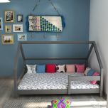Tent bed, tent bed with wood frame in grey colour ,wooden bars on sides in grey, legs with clear space beneath, Bed-IM- 3017