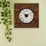 Wall Clock, Wooden Square Wall clock with tree bark Golden coloured outer lining rustic antique looks wall accent, Wall Clock - EL2207