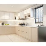 Kitchen, modular kitchen, acrylic finish modular kitchen, Luxurious kitchen, L shape kitchen, hi gloss finish kitchen, white and beige kitchen, Kitchen-IM- 8001