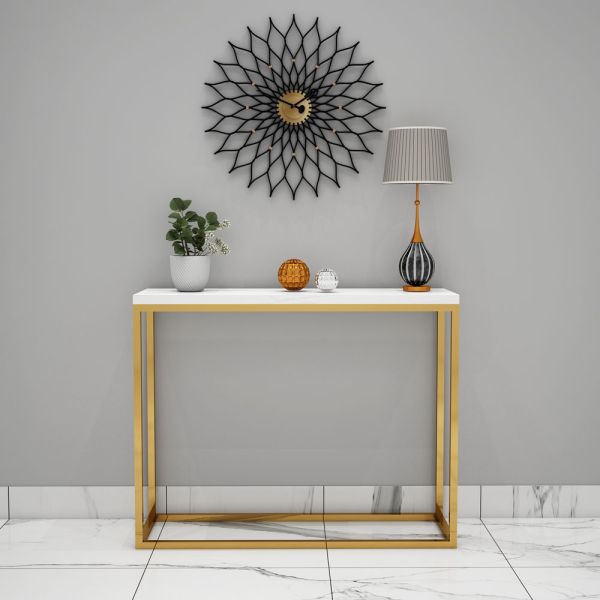 Console Table, Console Table Top with White PVC Acrylic Satvario Finish, Console Table with Gold MS Leg, Console Table - EL- 12075