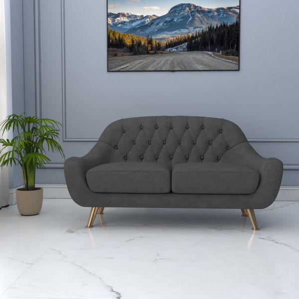 2 Seater Sofa, Grey Color Sofa, Unique Design Sofa, Sofa with MS Leg in Golden Finish, Comfortable Modern Sofa, 2 Seater Sofa - EL4093
