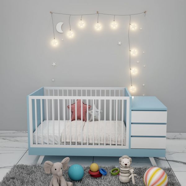 Crib, Crib in Blue & White Color, Crib for Kids, Crib with Drawer, Crib -eL5066