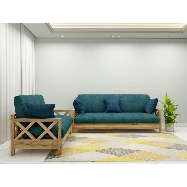  Sofa Set, Solid Wood Sofa, Sofa For Living Room, Light Brown & Green Color Sofa, Sofa with Green Fabric, Sofa Set - EL- 4060