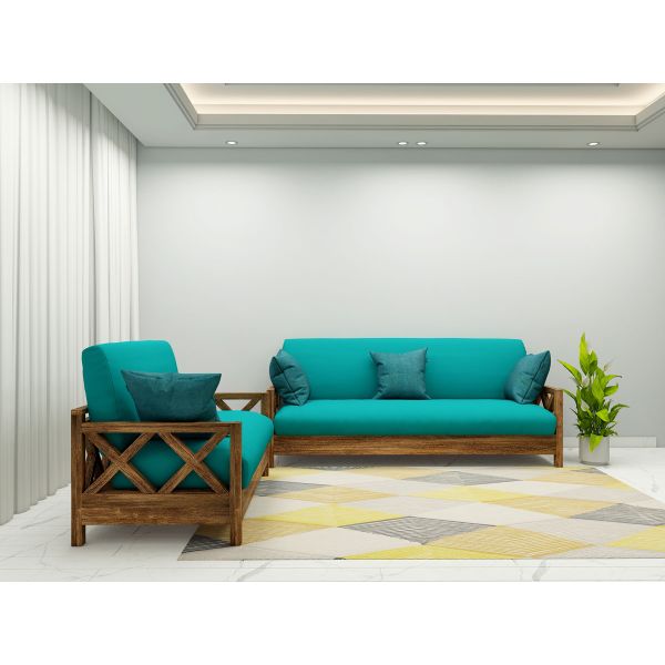  Sofa Set, Solid Wood Sofa, Sofa For Living Room, Dark Brown & Blue Color Sofa, Sofa with Blue Fabric, Sofa Set - EL- 4061