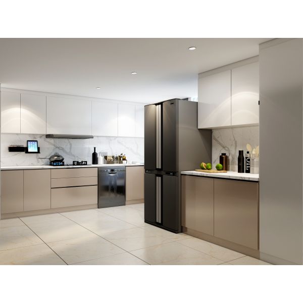 Kitchen, modular kitchen, acrylic finish modular kitchen, Luxurious kitchen, L shape kitchen, hi gloss finish kitchen, white and beige kitchen, Kitchen-EL- 8000