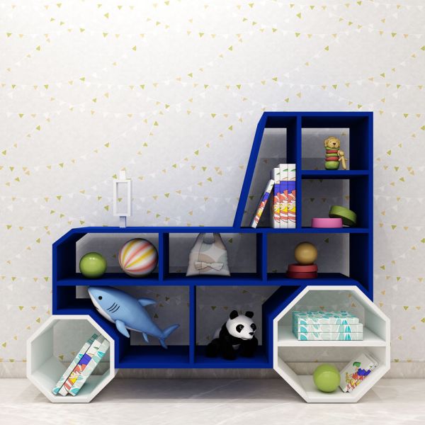 Kids Toy unit, Book Shelf, Kids unit in Tractor shape, Kids unit of Open Space, Blue & White color Kid unit, Kids unit - IM10080