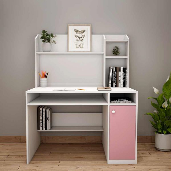 Kids Study Table, White & Pink Color Study Table, Study Table with Shutter, Study Table with Open Shelf, Study Table - IM12149