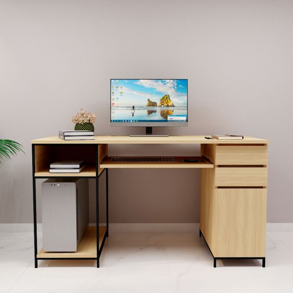 Computer Table, Light Brown & Black Color Table, Table with Drawer & Shutter, Computer Desk, Computer Desk with Open Shelf, Computer Table - IM12177