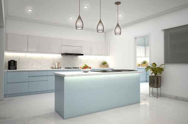 Kitchen, modular kitchen, acrylic finish modular kitchen, Luxurious kitchen, Island kitchen, hi gloss finish kitchen, blue and white kitchen, Kitchen-EL- 8002