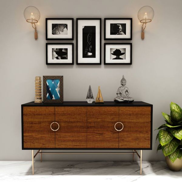  Console Table, Wood & Black Console Table, Console Table with Wood Shutter, Console Table with Metal Legs in Golden Finish,Console Table Shutter Handle with Golden Finish, Console Table - EL- 362
