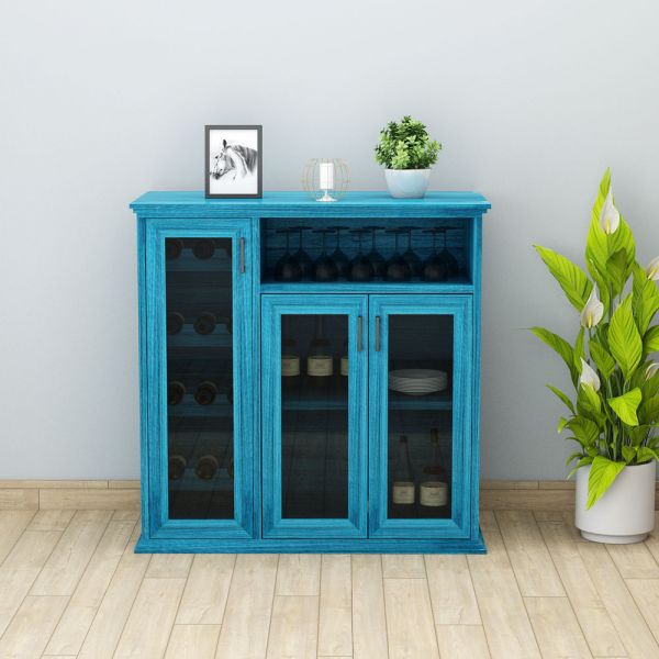 Bar Cabinet, Solid Wood Bar Cabinet, Blue Color Bar Cabinet, Bar Cabinet with Shutter, Bar Cabinet with Open Shelf, Bar Cabinet - VT10061