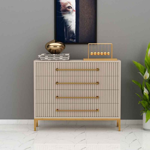 Chest Of Drawer, Beige Color Cabinet, Chest Of Drawer With Drawer, Chest Of Drawer With MS Leg In Gold Finish, Chest Of Drawer - VT11045