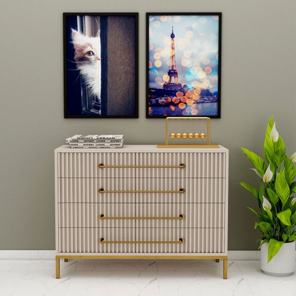 Chest of Drawer, Beige Color Cabinet, Chest of Drawer with Drawer, Multi Storage Unit, Chest of Drawer with MS Leg in Gold Finish, Chest of Drawer - VT11065