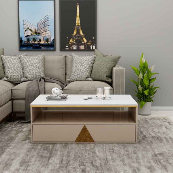 Coffee Table, Coffee Table in Beige & White Color, Coffee Table with Drawer & Open Space, Coffee Table - VT12138