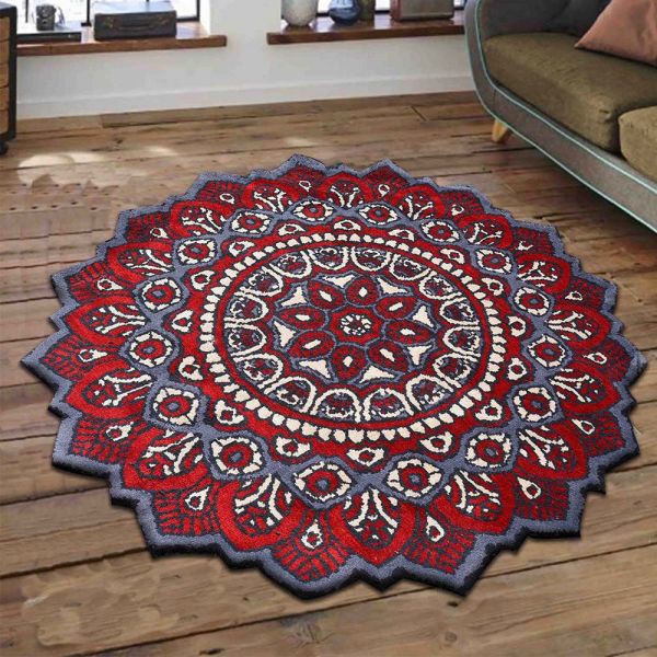 Rugs, (Presto), ICKC411C3X3,  Red, Grey and White Round Ethnic Polyester Carpet, Rugs -VT-15997