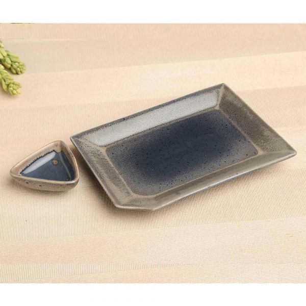 Platter with Dip Bowl, CROC0017, Design Gaathaa Denim Blue Ablong Ceramic Platter Plate with Dip Bowl, Plate & Bowl - VT2209
