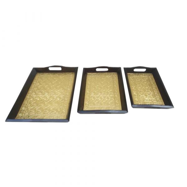 Tray, (NAVIKA PRODUCTION) Wood With Brass Fitting Tray set of 3, Kitchen Accessory - VT2294