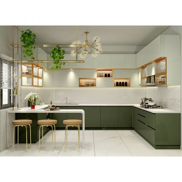 Kitchen, Modular Kitchen, Luxurious Kitchen, U-Shape Kitchen, Hi-Gloss Kitchen, Kitchen in Green & White Color, Kitchen - VT8000