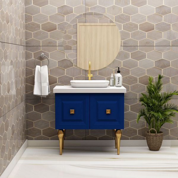 Vanity, Vanity with Blue Corian Top, Water Resistant Vanity in PVC Laminate Finish, Bathroom Floor Mounted Unit, Vanity - VT9006